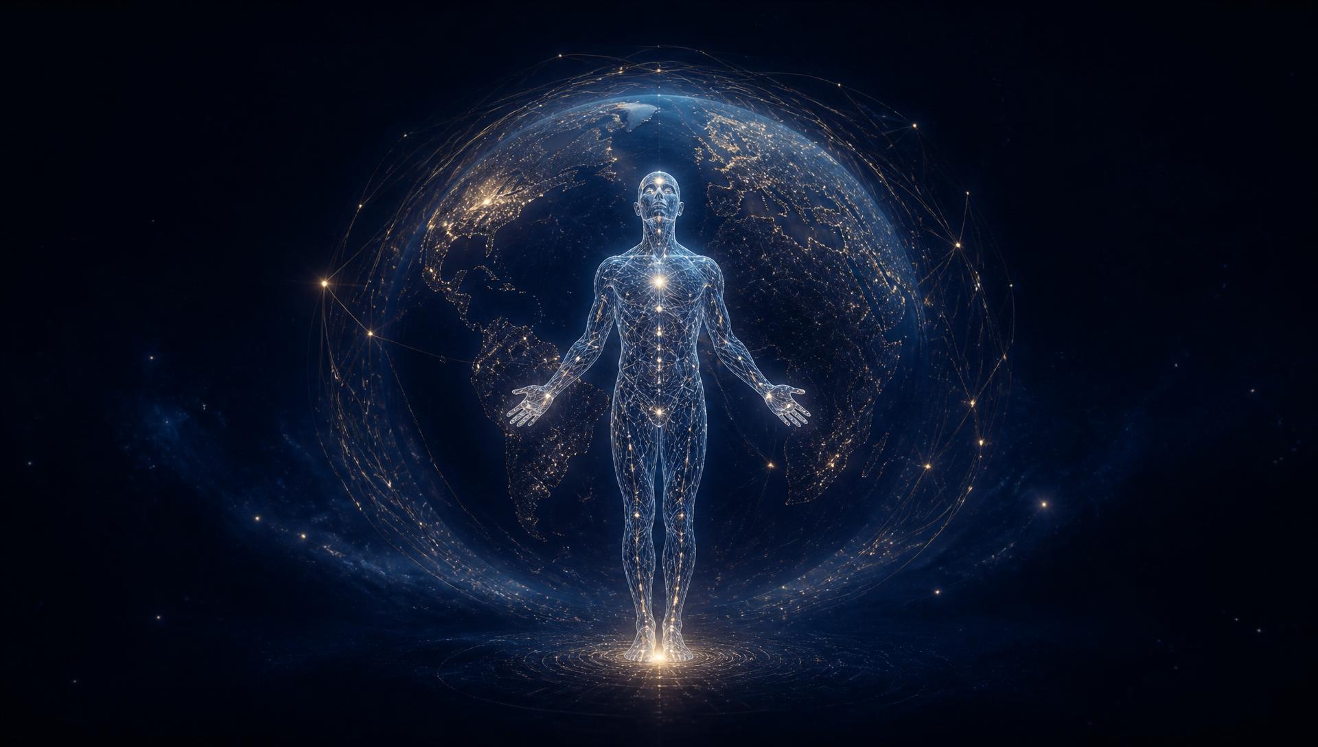 Figura humana luminosa dentro de una red de luz que rodea la Tierra
